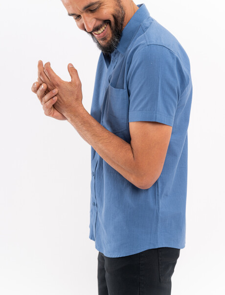 Camisa m/c lisa efecto lino azul