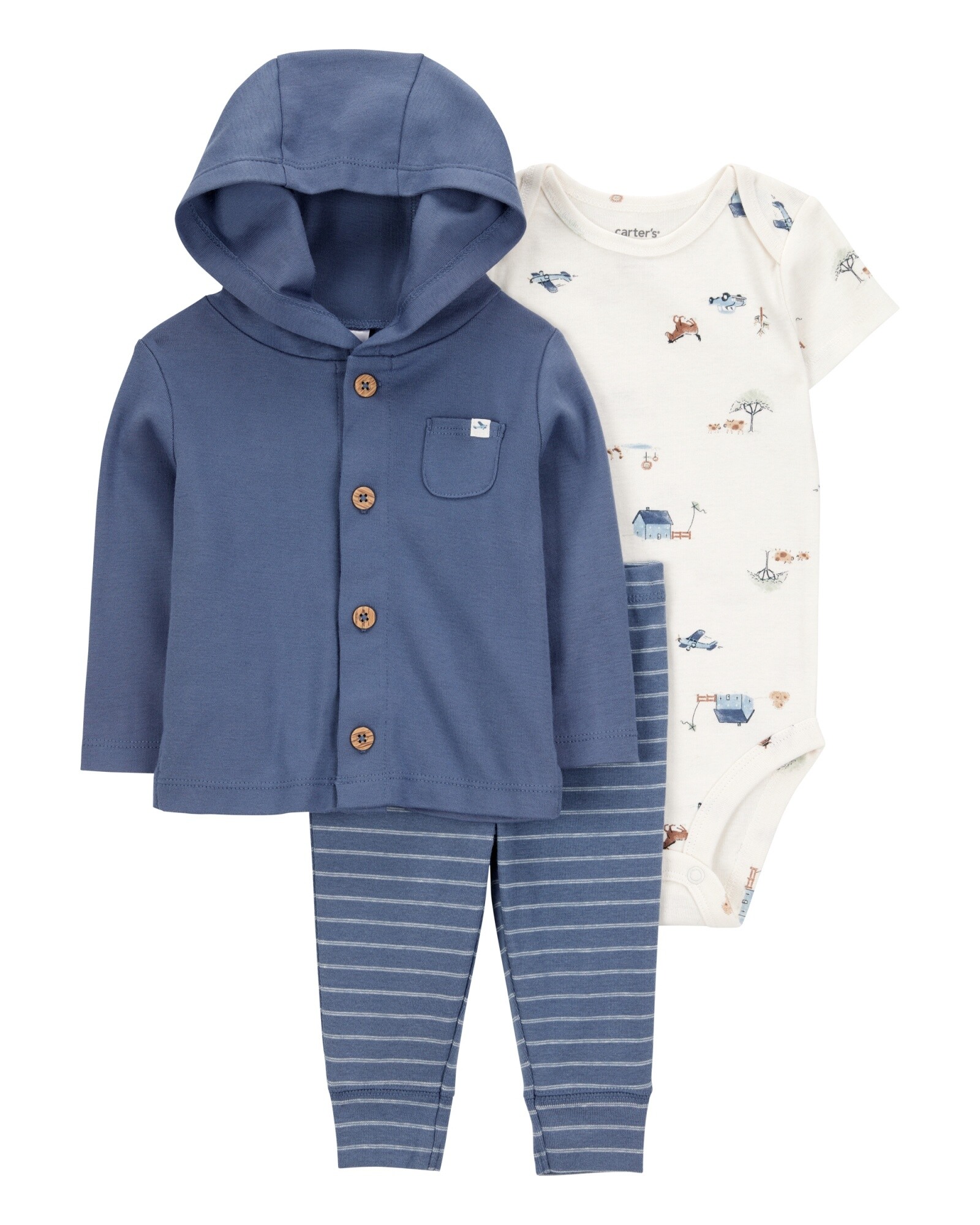 Set tres piezas de algodón, pantalón, saco con capucha y body Sin color