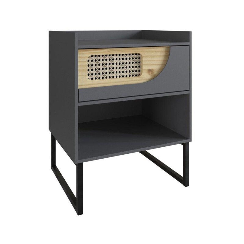 Mesa de Luz un cajon Grafito detalle Madera clara y rattan Mesa de Luz un cajon Grafito detalle Madera clara y rattan