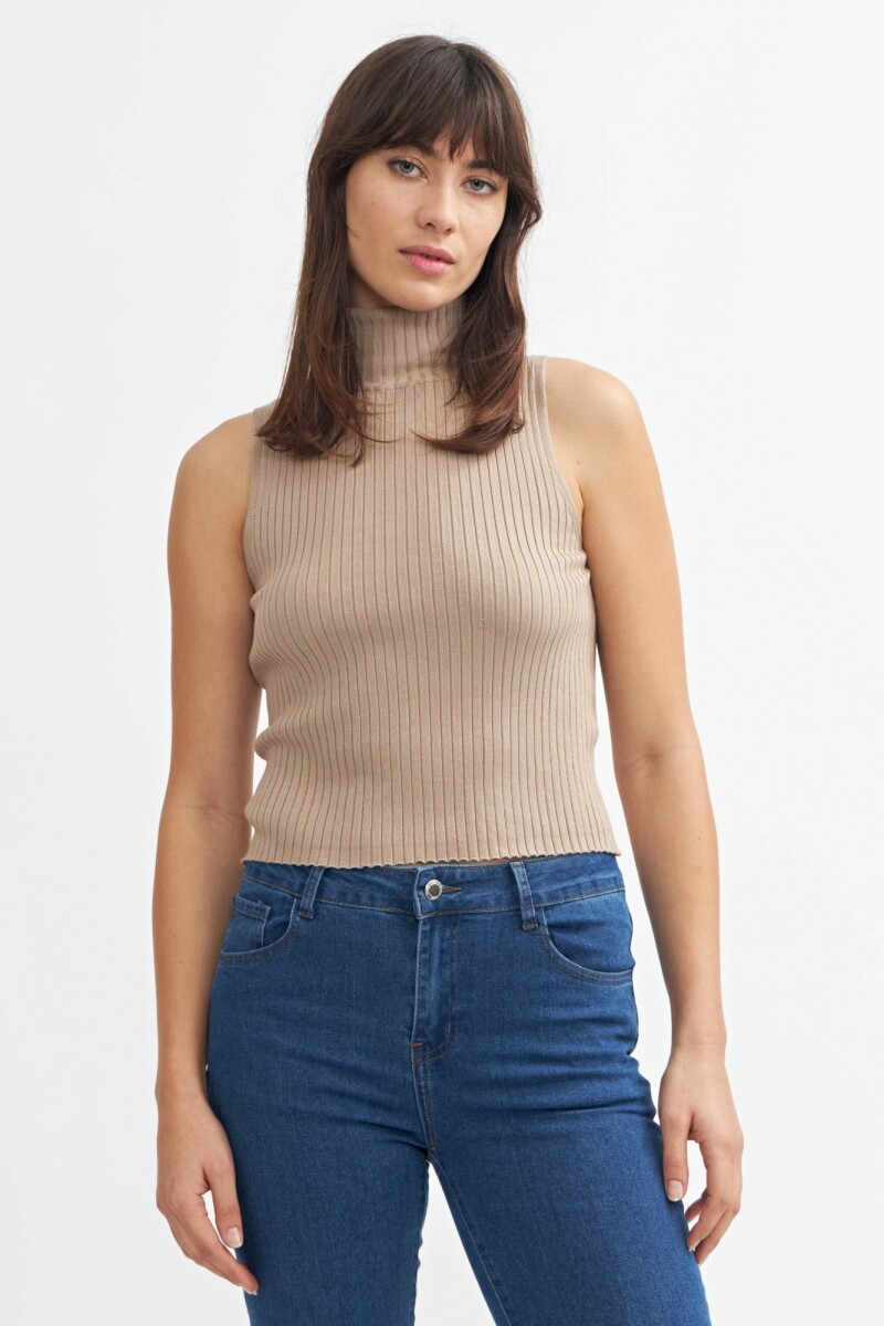 Top de punto sin manga cuello halter - Khaki 