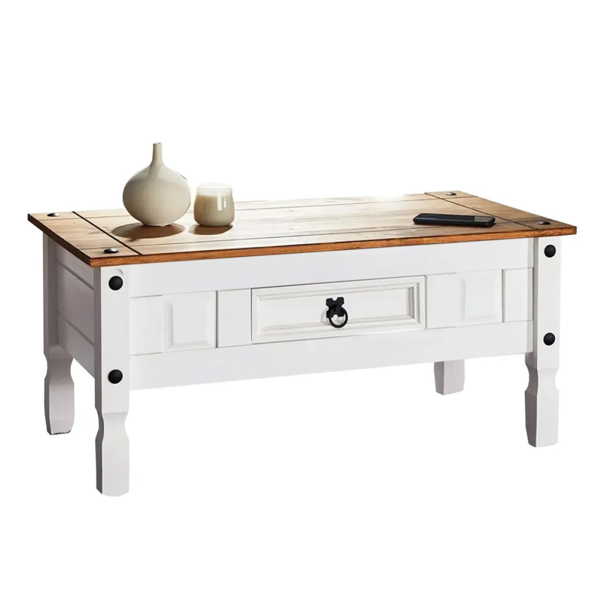 MESA RATONA LIVING DE CENTRO CON CAJÓN EN MADERA MACIZA - LÍNEA MEXICANA - BLANCO 