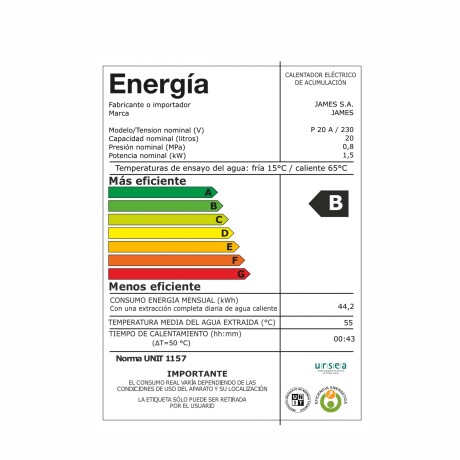 TERMOTANQUE JAMES MOD. PRISMA ACERO 20L SALIDA INFERIOR