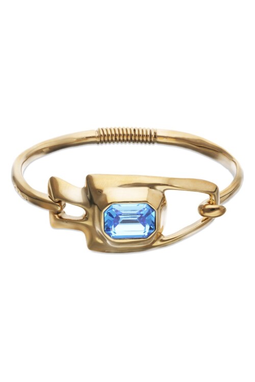 PULSERA SEMIRIGIDA DE ALEACIÓN DE METALES BAÑADA EN ORO 18K CON CRISTAL FACETADO AZUL Pulsera