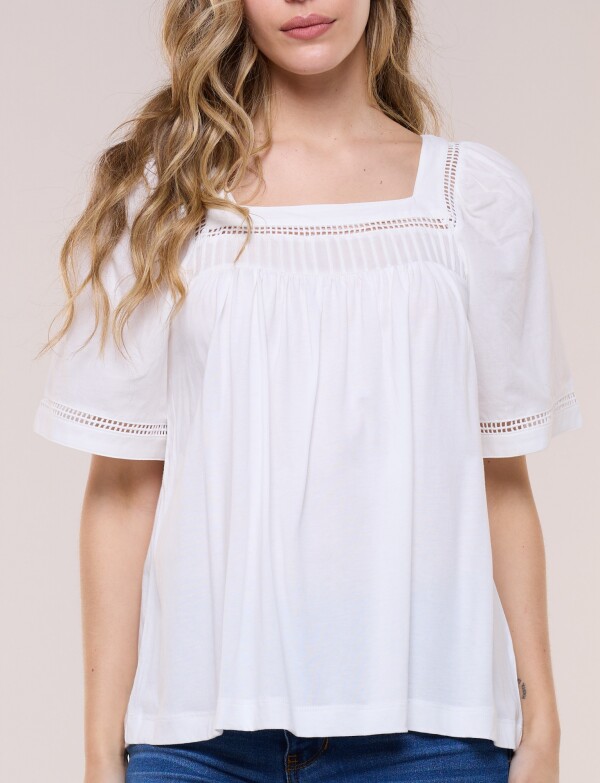 Blusa Holgada Escote Cuadrado Con Puntilla Calada BLANCO