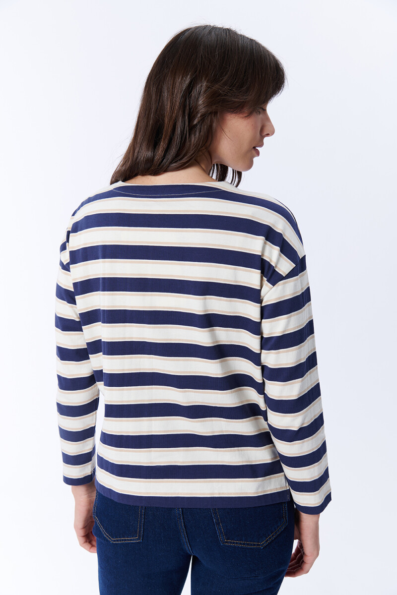 Remera Manga Larga Rayas Crudo Y Azul Marino