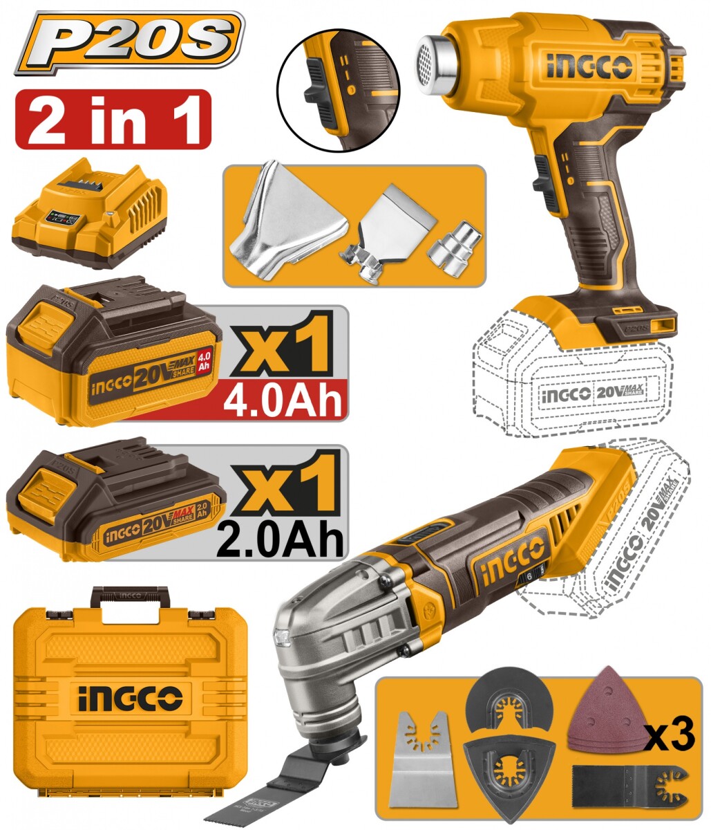 KIT 20V PISTOLA DE CALOR HERRAMIENTA MULTIFUNCION INGCO COSLI230703 