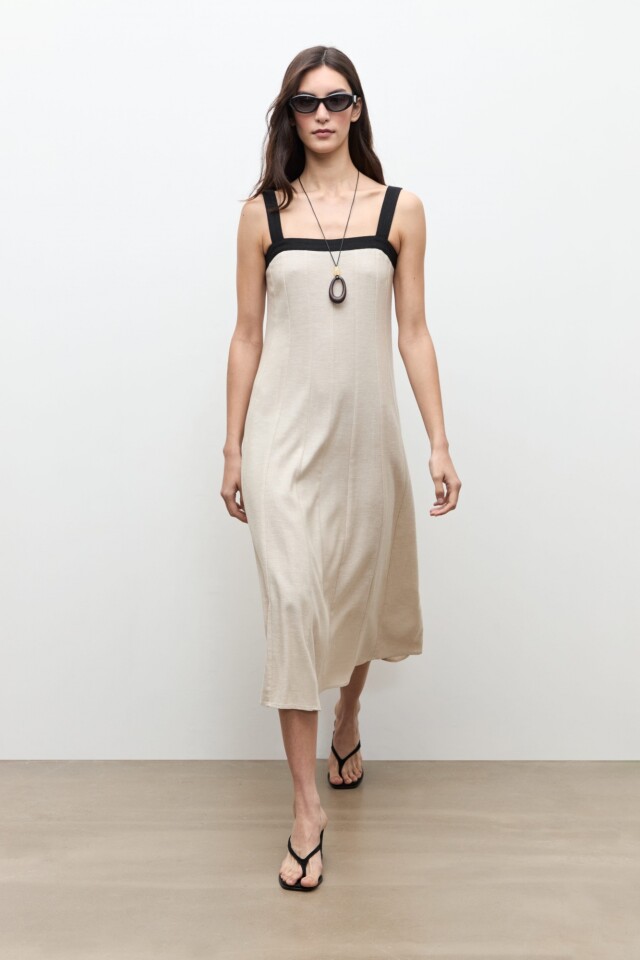Vestido lino cortes verticales beige melange