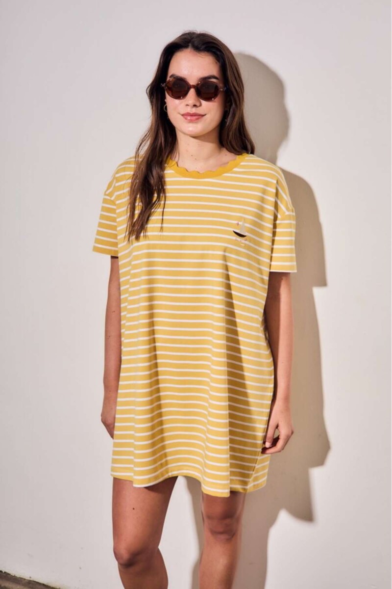 Vestido Manga Corta Rayado - Amarillo 