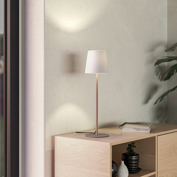 Lámpara de mesa E14 acero beige y pant tela blanca EG6022