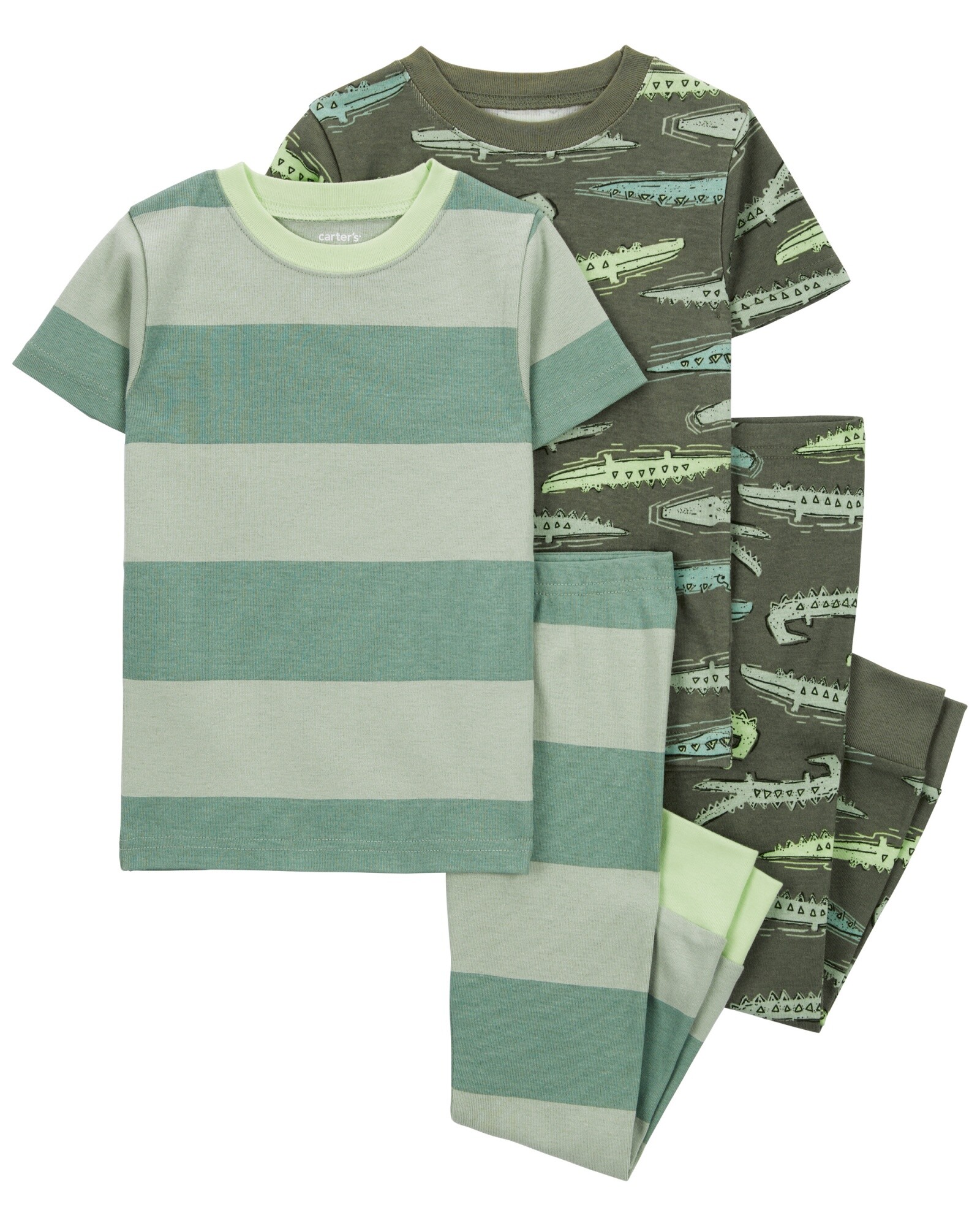 Pijama cuatro piezas de algodón, dos pantalones y dos remeras, diseño cocodrilos. Talles 2-5T Sin color