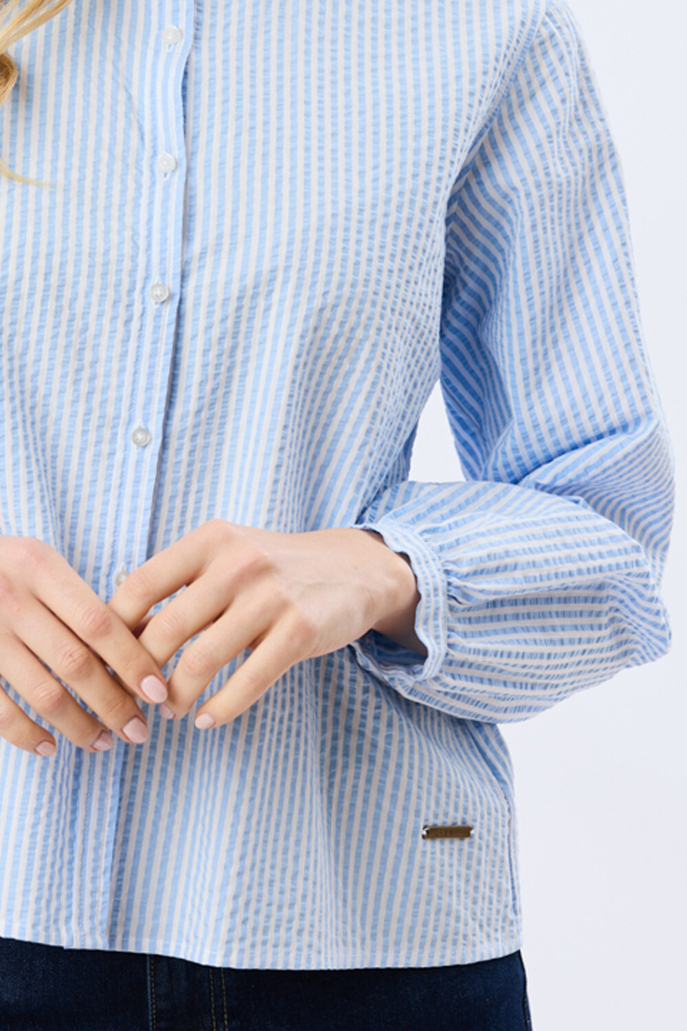 CAMISA RAYADA CON FRUNCES Celeste