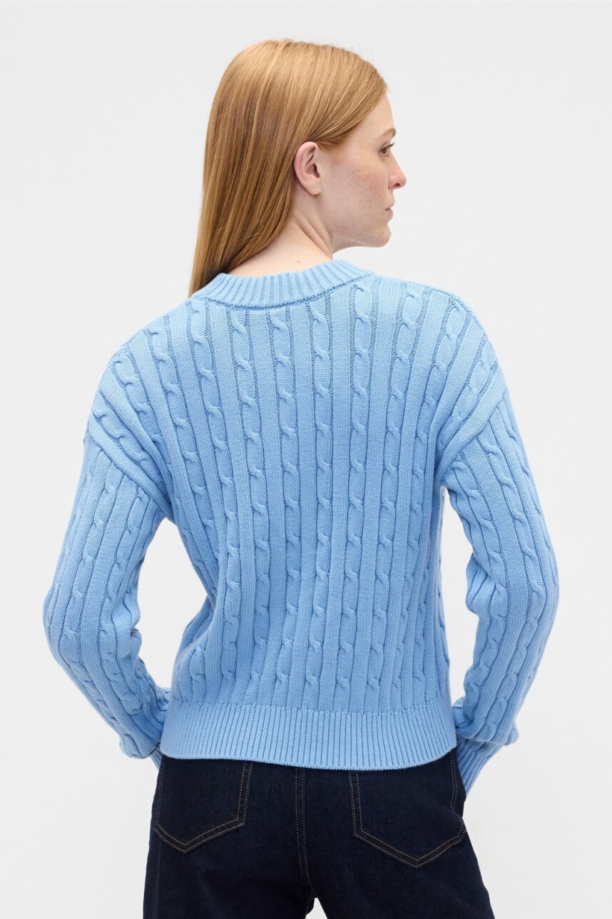 V-LS COTTON CREW ALL OVER CABLE Blue Stone