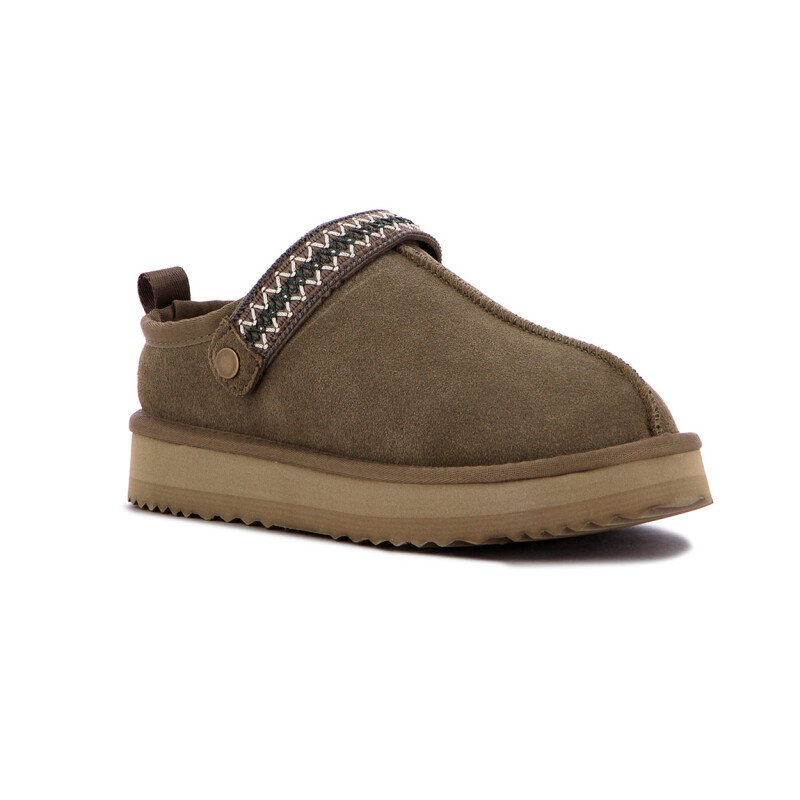 Country Zapato Pantufla Cuero / Peluche - Dama - Kaki Kaki