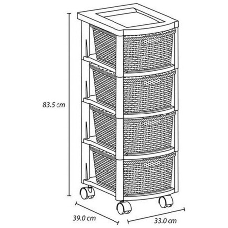 Cajonero de plástico Rimax estilo Rattán con 4 cajones, estante superior y rueditas Mocca