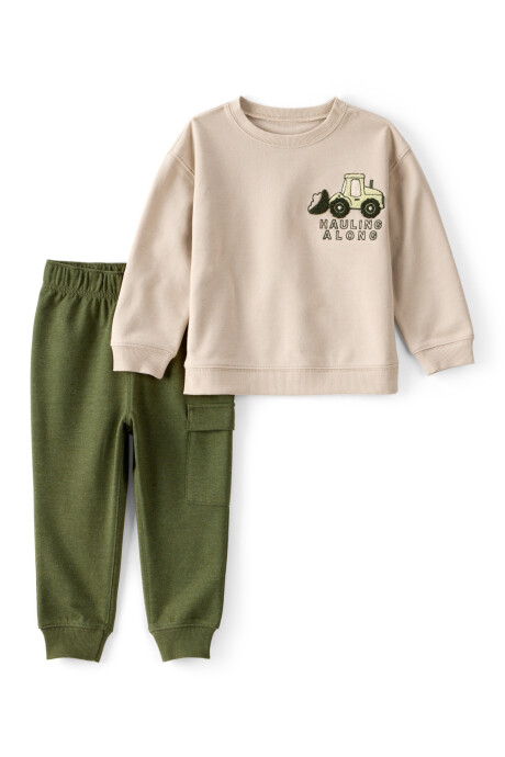 Set dos piezas de algodón, pantalón verde y buzo estampa construcción Sin color