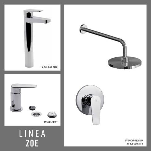 JUEGO COMPLETO CROMADO LINEA ZOE DUCHA EMBUTIDA SIN TRANSF., BRAZO Y ROSETA REDONDA, LAVATORIO ALTO Y BIDET CON TRANSFERENCIA. 000