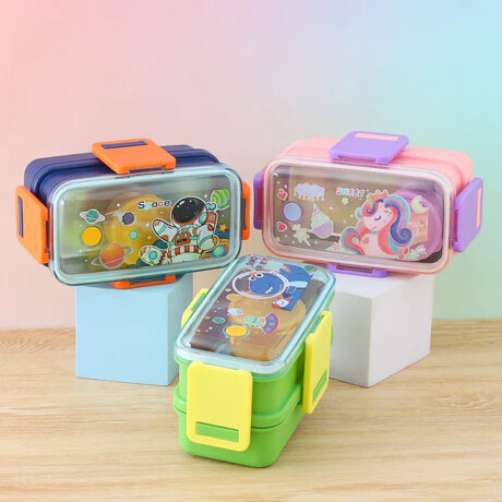 Vianda doble piso con cubiertos, division y tapa Azul