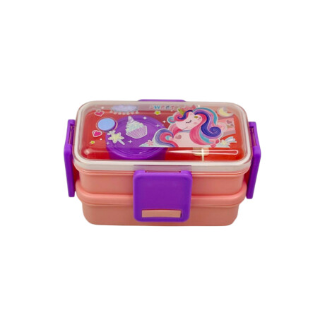 Vianda doble piso con cubiertos, division y tapa Rosado