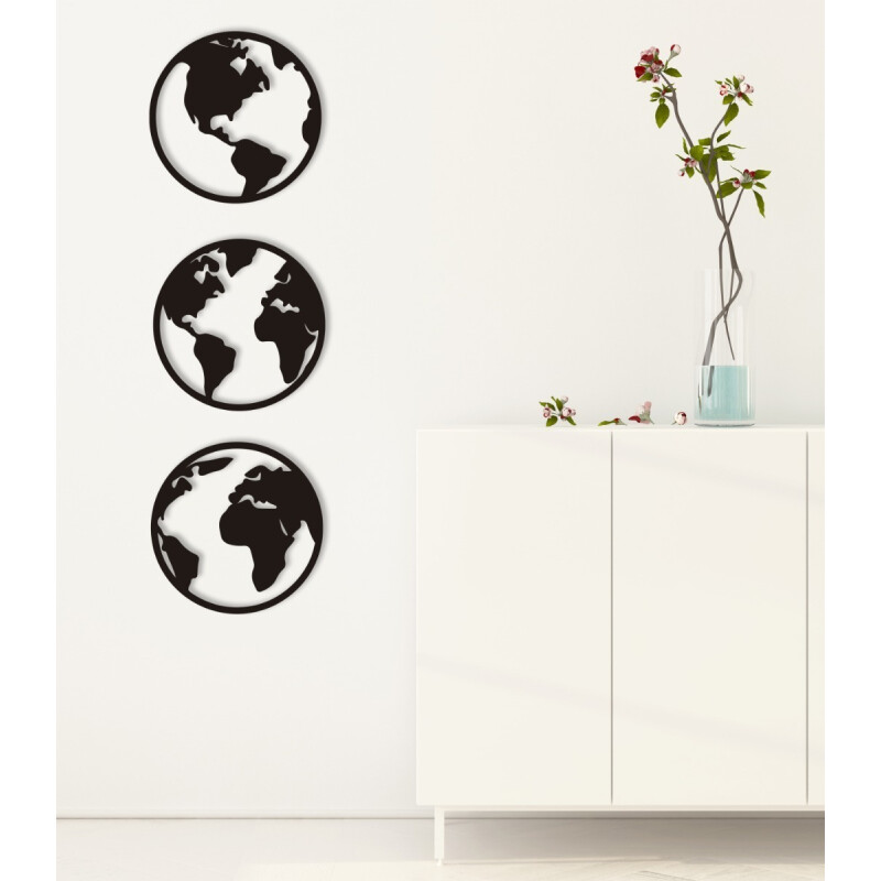 Triptico Cuadro Madera Mundo Circular 30 X 30 Cm Decoracion Negro
