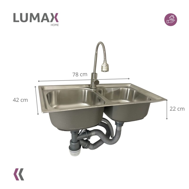 Pileta de cocina Lumax Acero Doble Bacha Monocomando 78x42 cm Plateado
