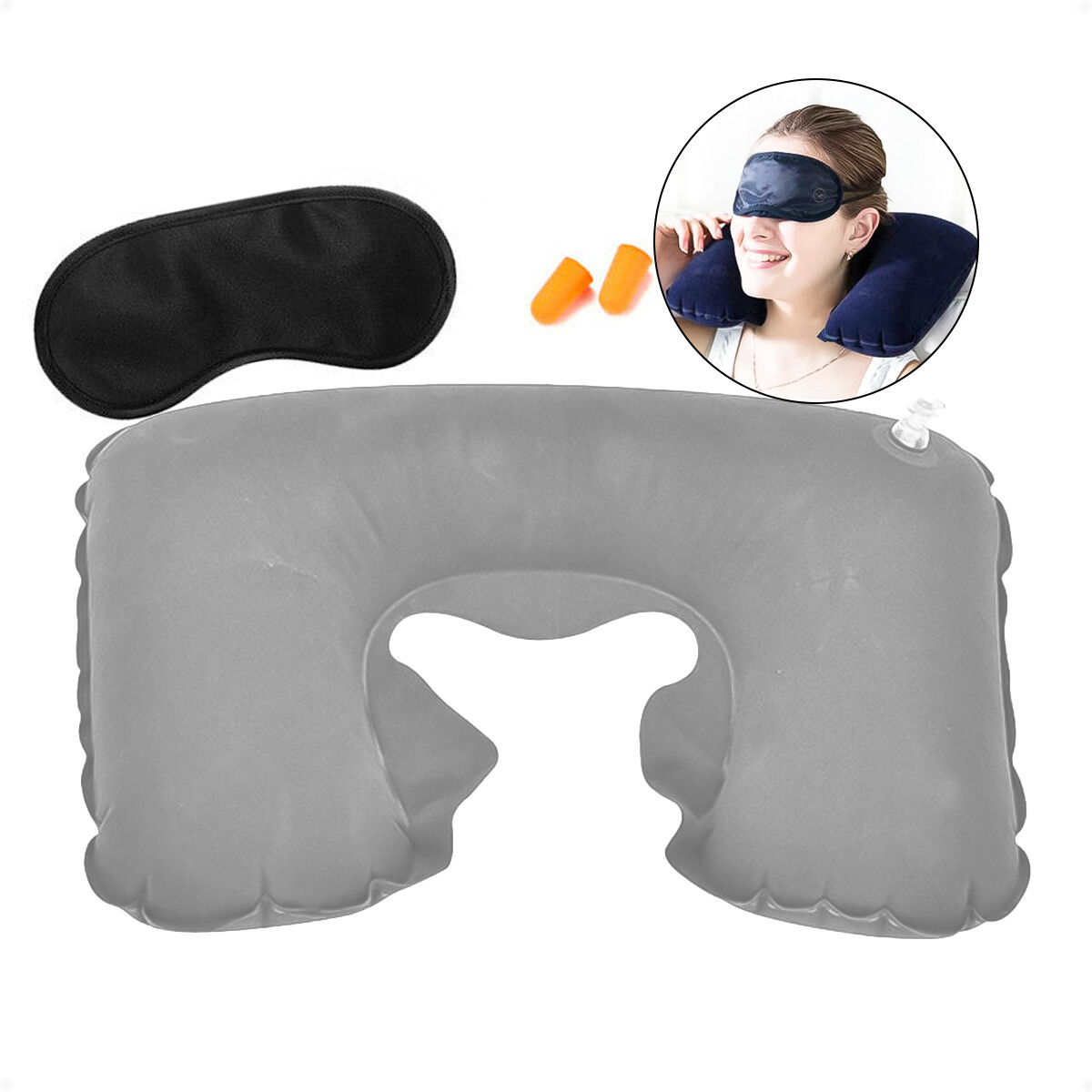 Almohada De Viaje Inflable Apoya Cabeza Auto Ãmnibus AviÃ³n - Gris 