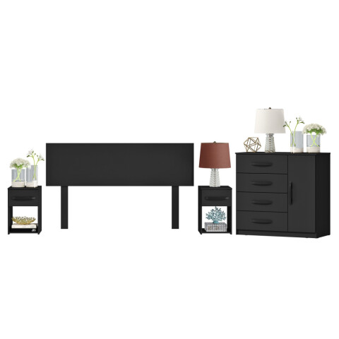 Combo Respaldo, 2 Mesas de Luz y Cómoda - MDP - Negro Combo Respaldo, 2 Mesas de Luz y Cómoda - MDP - Negro