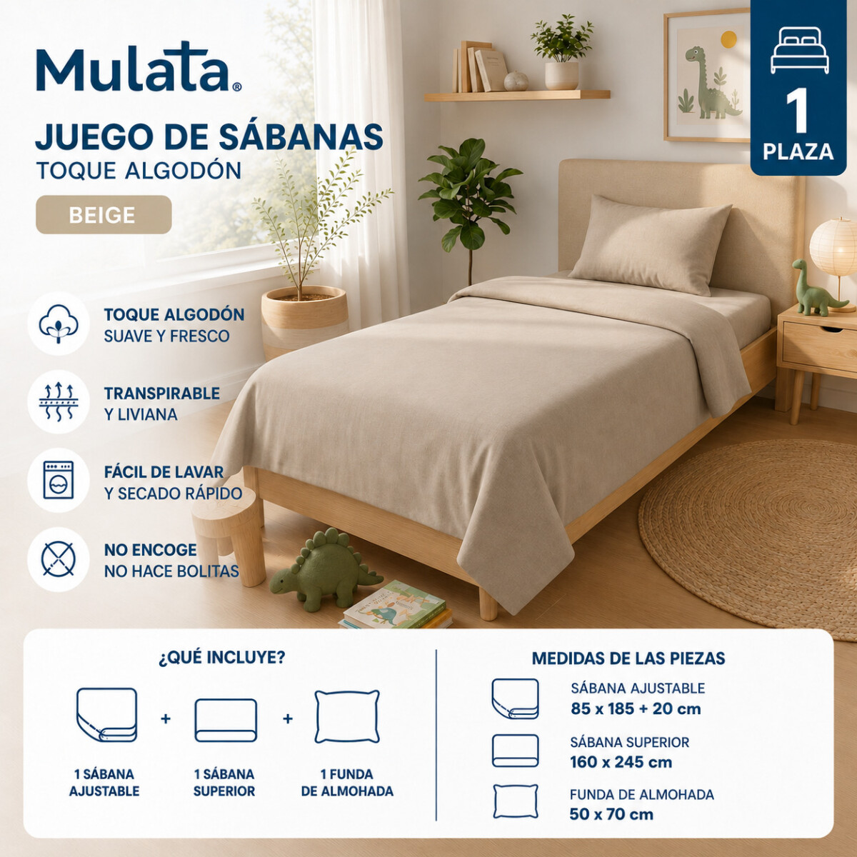Juego De Sabanas 1 Plaza Toque Algodón Sommier Infantil - Beige 