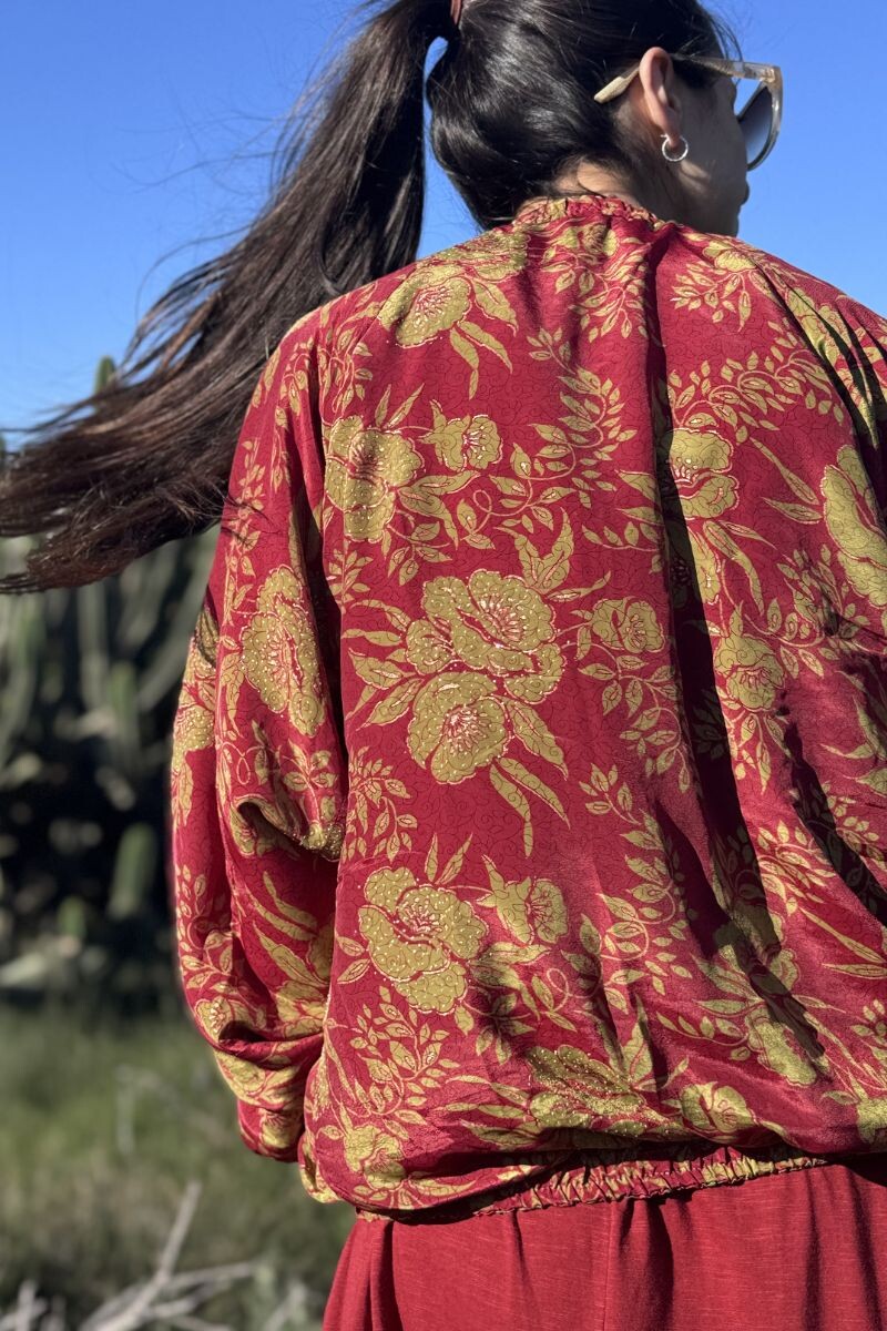 Campera bomber de seda Rojo y verdes