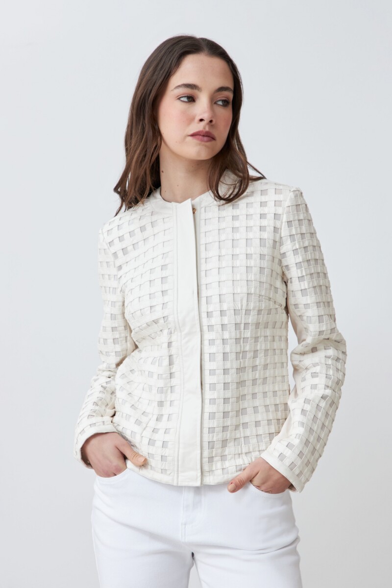 Chaqueta eco cuero con tul crudo