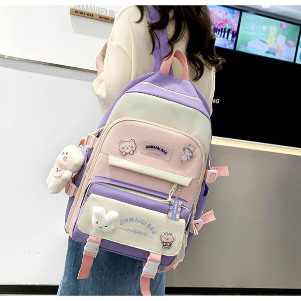 Set Mochila Impermeable Kawaii Estilo Coreano 5 Piezas Variante Color Violeta