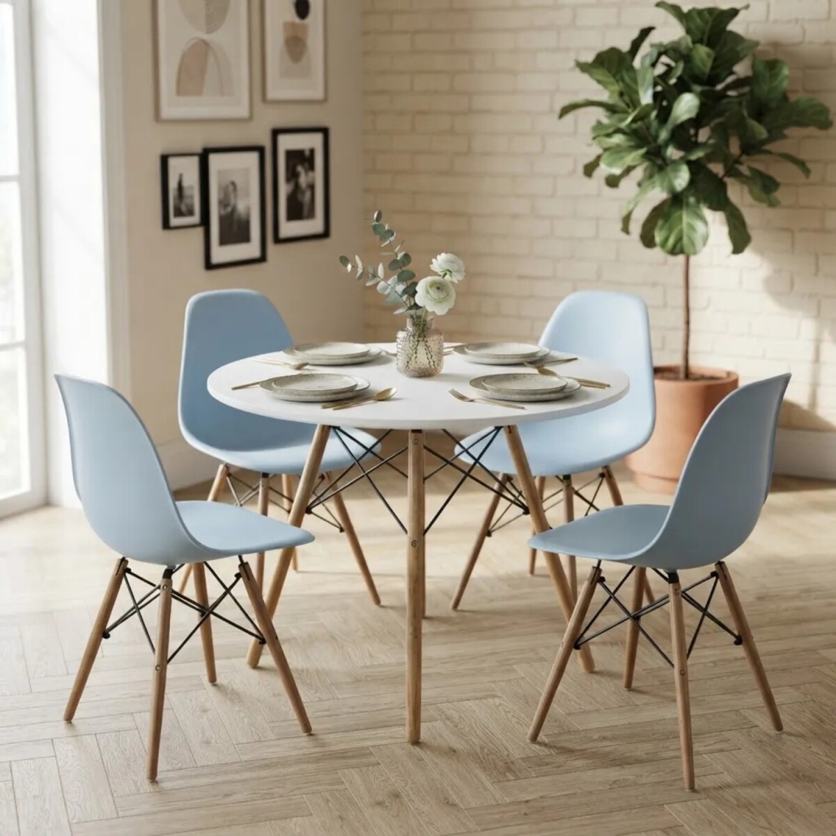 Juego de comedor Con Mesa Circular de 80cm + 4 Sillas Eames - Azul/Blanco 