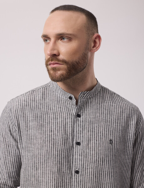 Camisa m/l lino rayada negro
