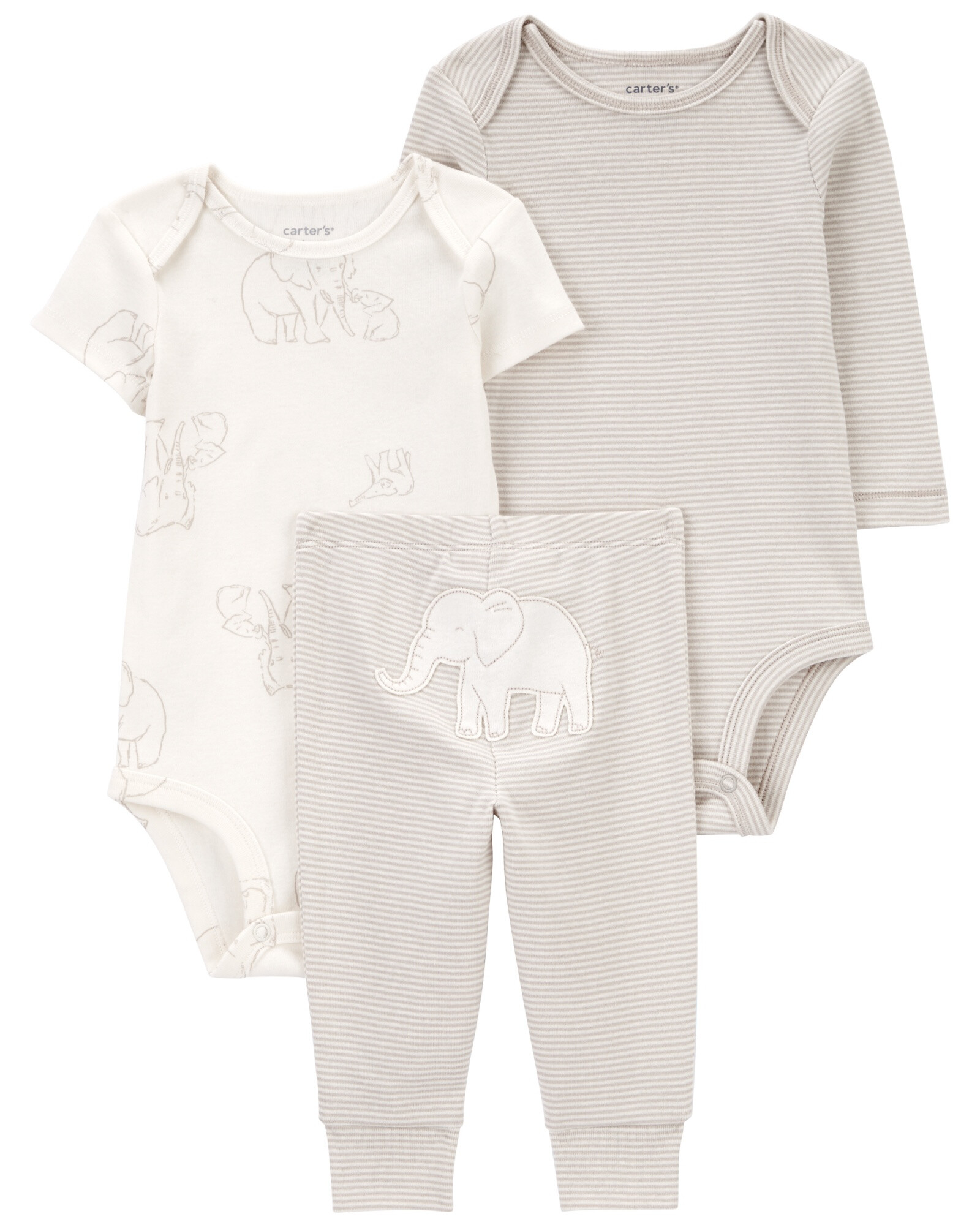 Set tres piezas de algodón, pantalón y dos bodies, diseño elefantes Set tres piezas de algodón, pantalón y dos bodies, diseño elefantes