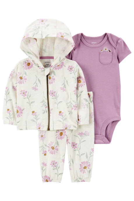 Set tres piezas de algodón, campera, pantalón y body, diseño floral Sin color