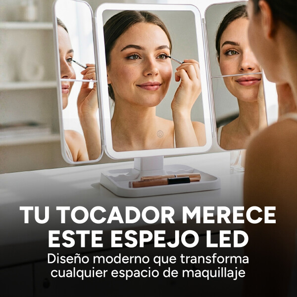 Espejo De Maquillaje Luz Led Triple Panel Aumento 2x 3x USB Blanco
