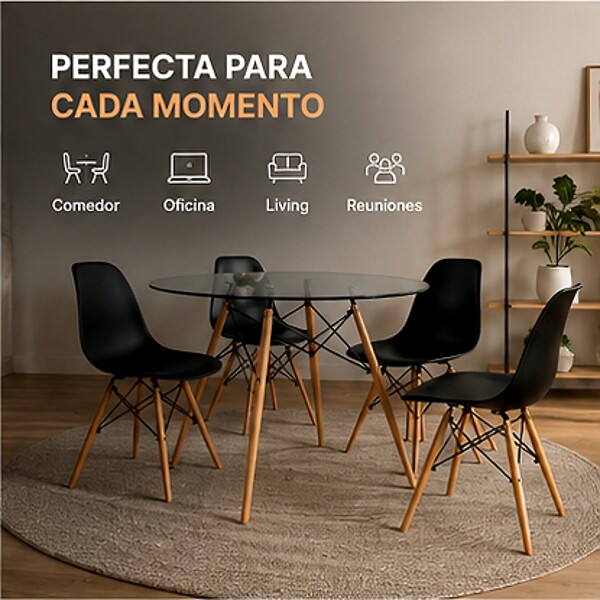 Mesa Comedor ComboHome Eames Redonda Vidrio 100 Cm Premium Transparente