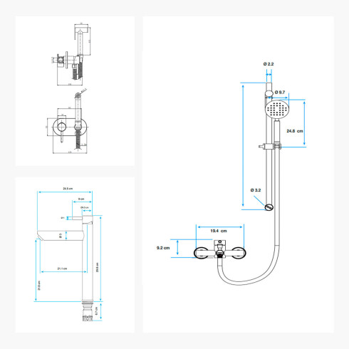 JUEGO COMPLETO DE GRIFERIA MONOCOMANDO DE BAÑO ACERO 304. LAVATORIO ALTO, DUCHA EXTERIOR CON BARRA Y DUCHA HIGIENICA AQUALIA SER 000