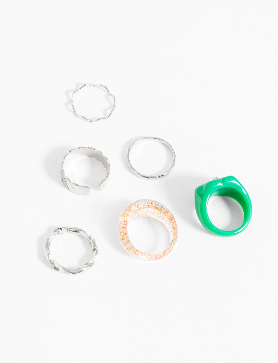 Set anillos acrilico verde - plateado 
