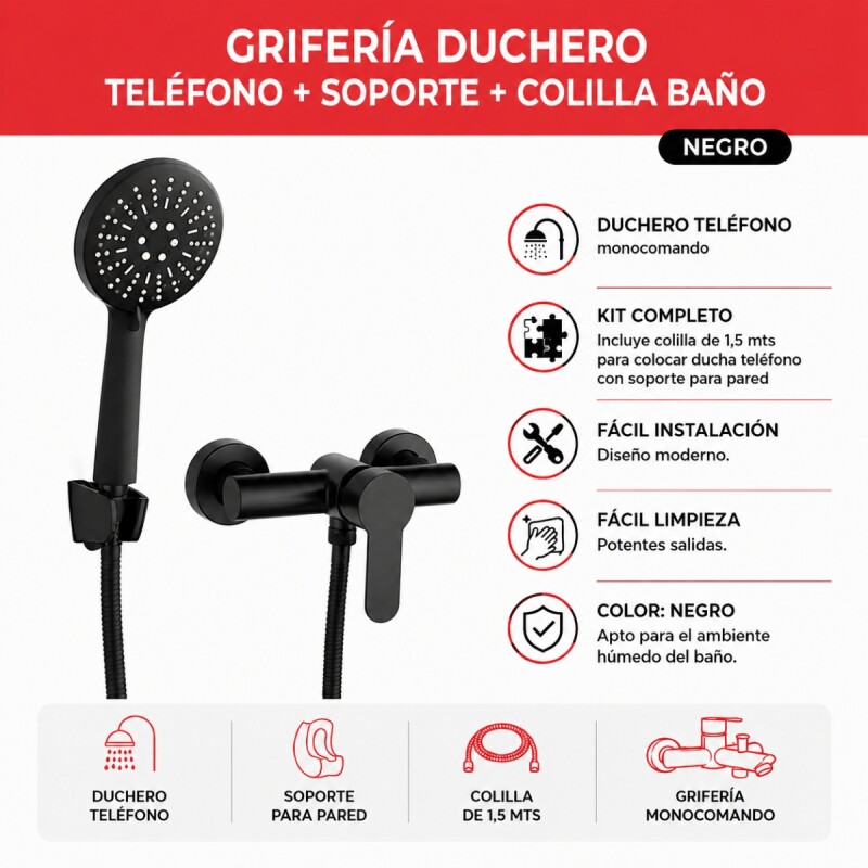 Grifería duchero teléfono + Soporte + Colilla baño NEGRO