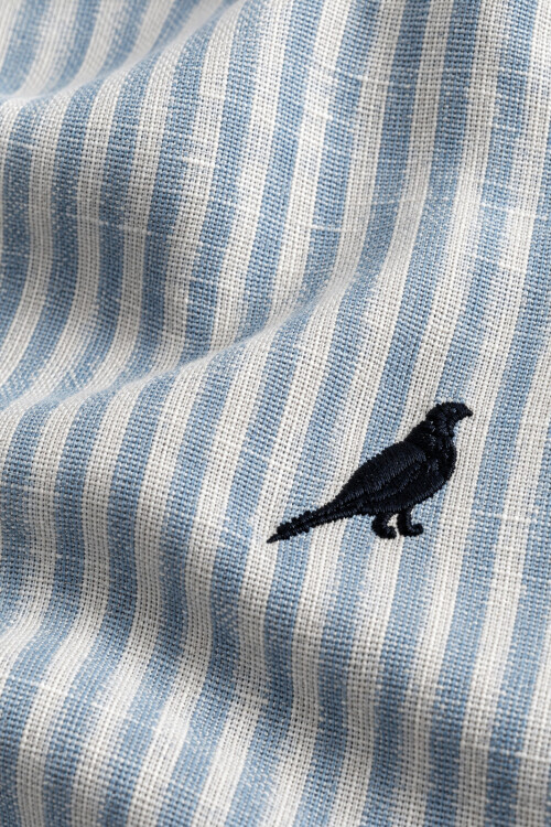 Camisa Lino Short Collar Rayas Celeste Bruma