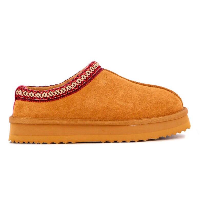 Country Pantufla Cuero / Peluche - Tira De Color Fija - Dama - Camel Camel