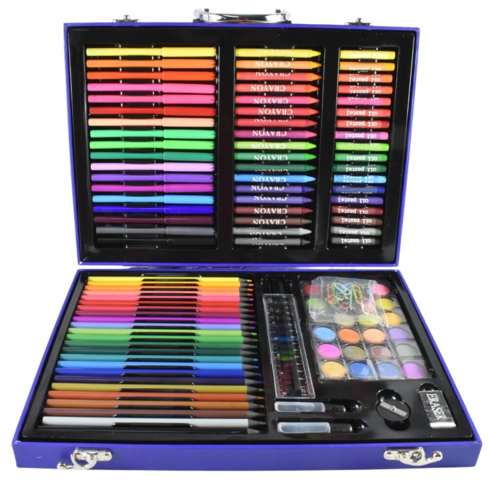 Valija 128 Piezas Marcadores Lápices Crayones Madera Azul