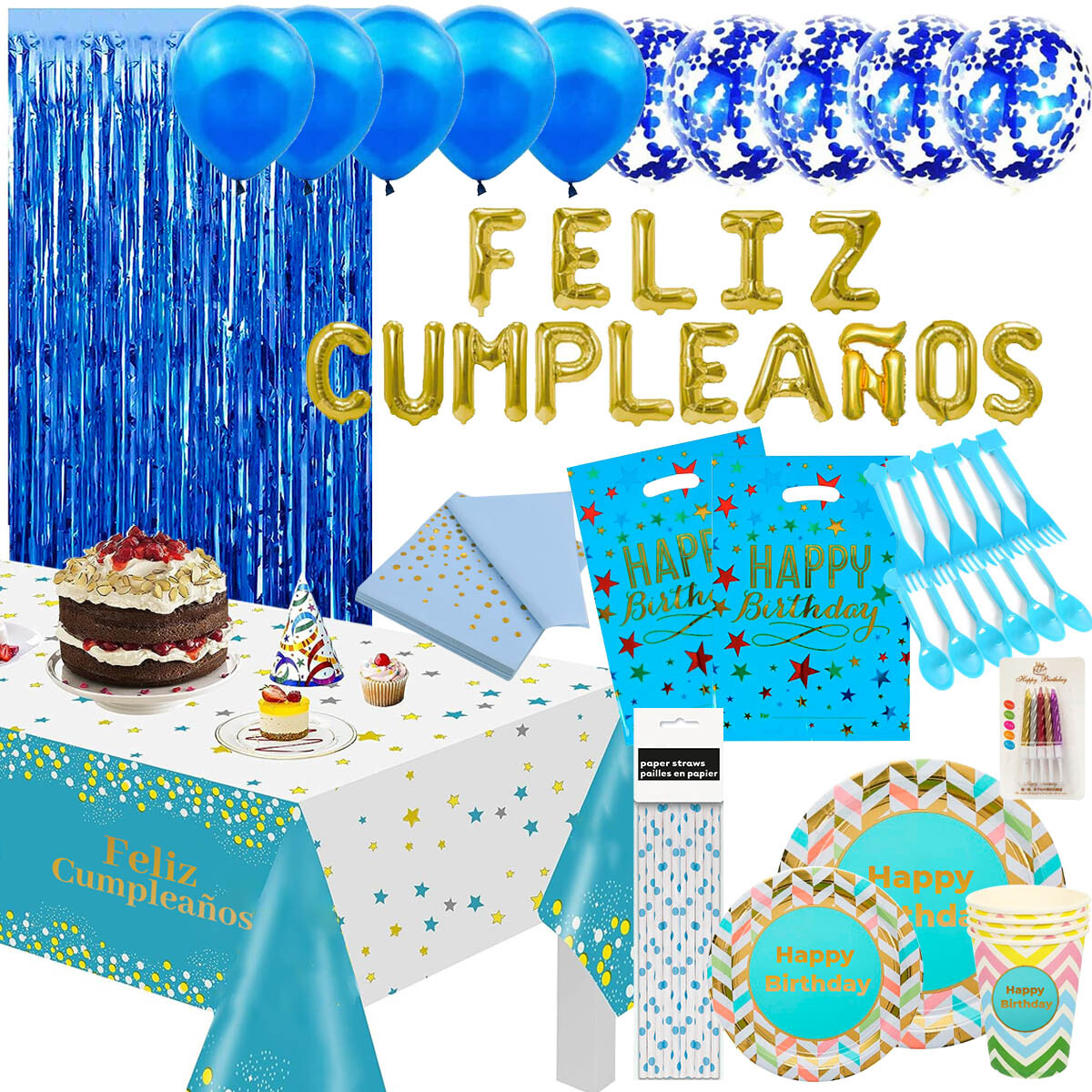 Set Cotillón N43 Globos Cumpleaño 175pcs Vasos Platos - Azul 