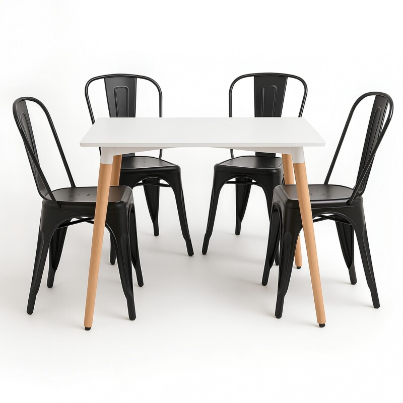 Juego de comedor mesa Cuadrada 80cm + 4 Sillas Tolix Blanco