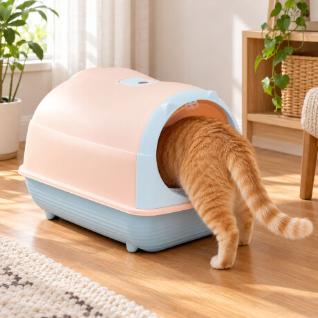 Baño Sanitario Gatos Cerrado Con Puerta Y Pala Gris/rosa