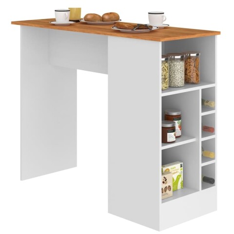 Mueble Barra de Cocina Desayunadora Con Nichos Para Vinos Y Almacenado - Blanco / Cinamomo Mueble Barra de Cocina Desayunadora Con Nichos Para Vinos Y Almacenado - Blanco / Cinamomo