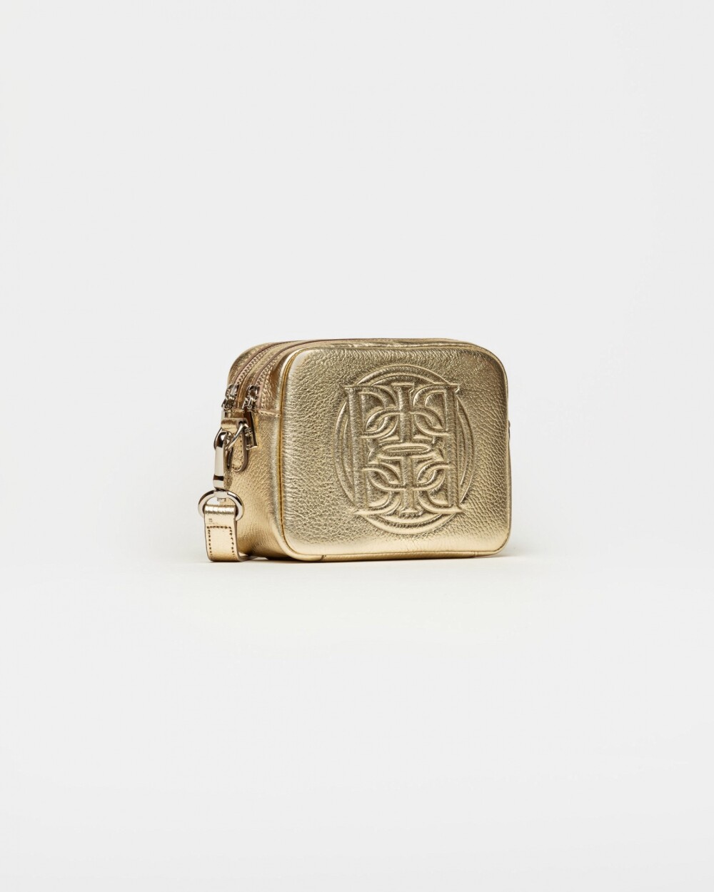 Bandolera Eterial en cuero graneado metalizado Platino