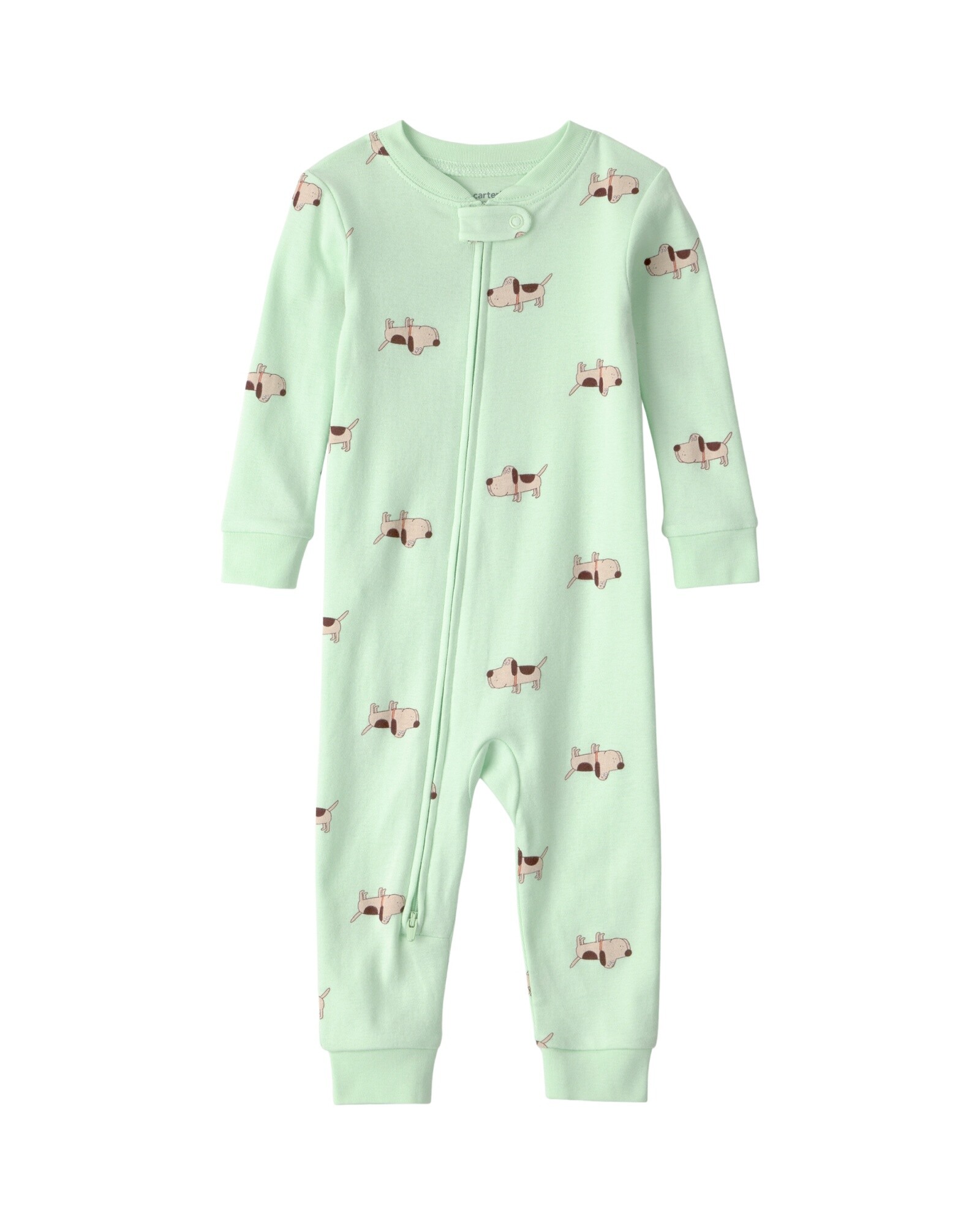 Pijama enterito de algodón, verde, diseño perros. Talles 12-24M Sin color