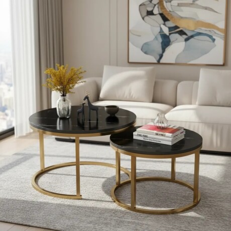 Set De Mesas Ratonas Circulares Nido Simil Marmol Negro/Dorado