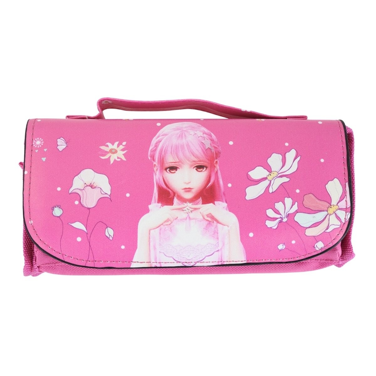Cartuchera de lona rosada con muñeca 